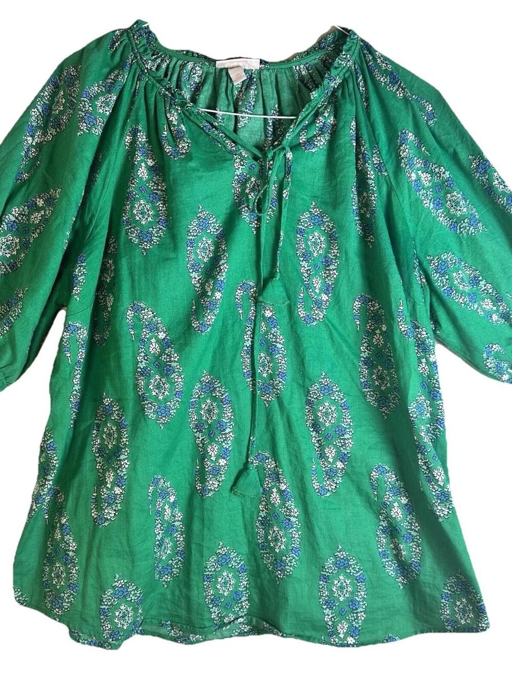 Knox Rose peasant Blouse  Kelly Green Floral Paisley Boho  Cotton Festival 2XL